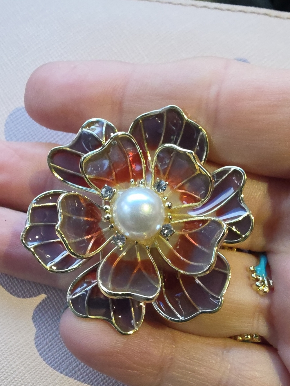 A77- Gold Floral Pearl Center Brooch - Enamel Petal Accent
